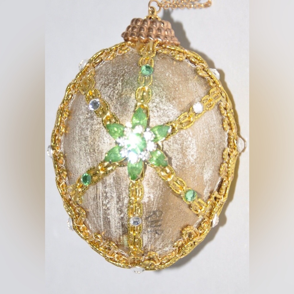 Vintage Handmade Green Crystal Gold Egg Christmas Ornament Rare Egg Signed